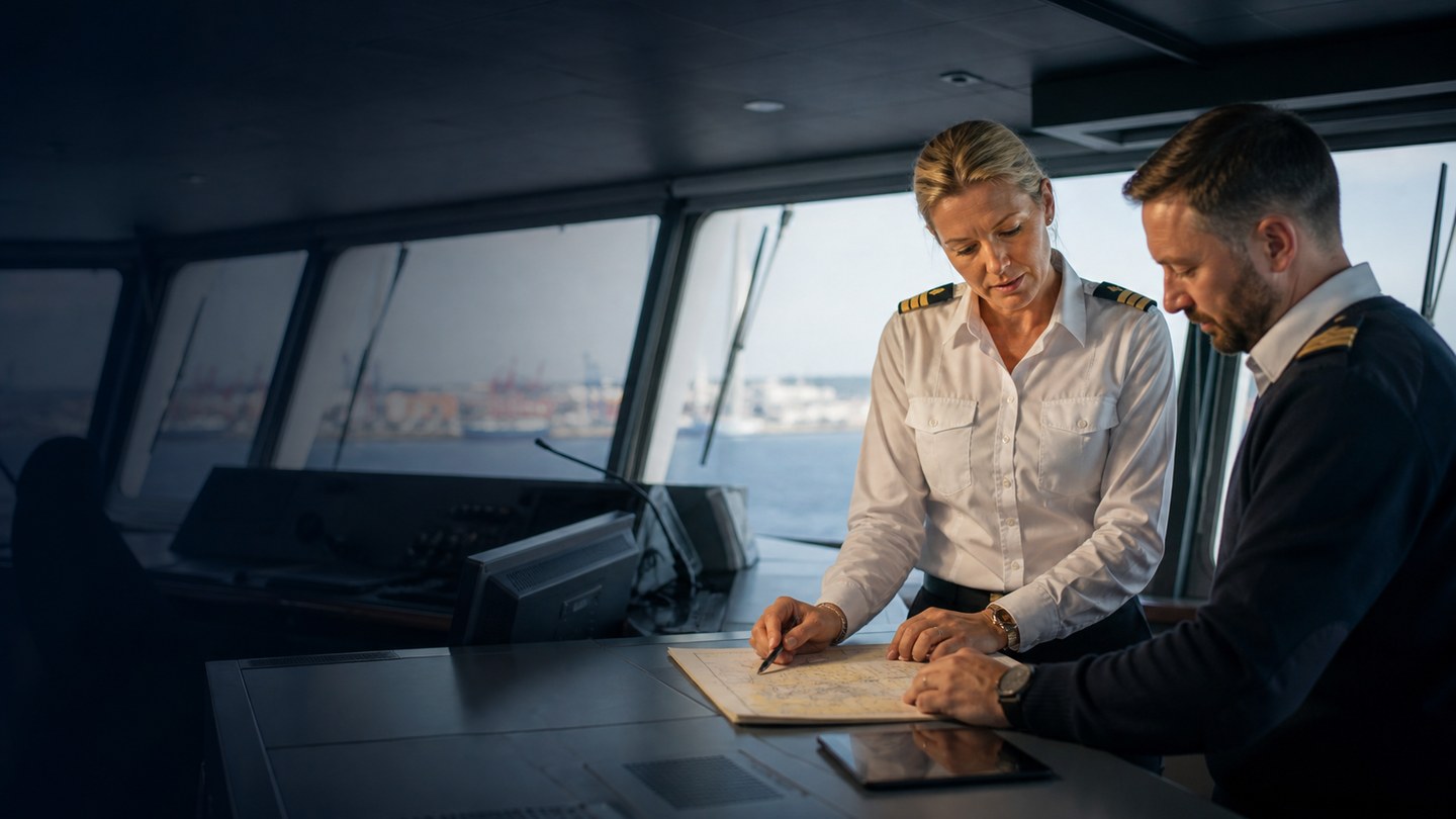 Two ships' officers going over a paper chart together on a vessel's bridge.
