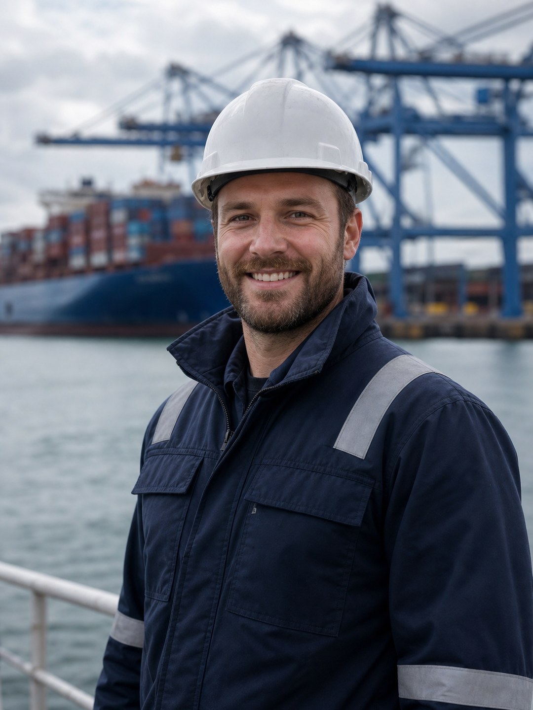 A ship's officer in a hard hat and work jacket on the quayside, with a container vessel and gantry cranes behind.
