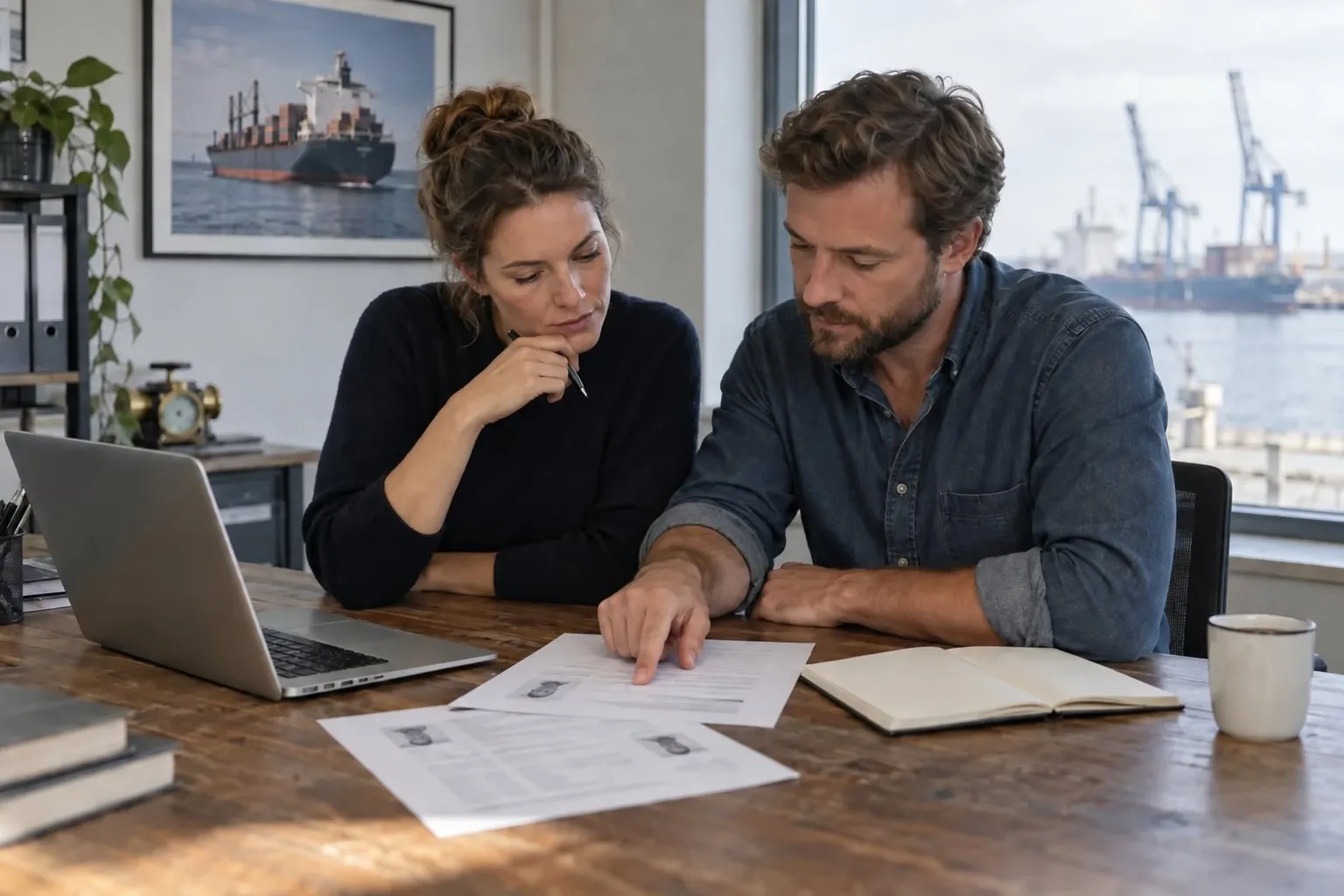 Two colleagues at a wooden desk going through printed CVs, a harbour outside the window