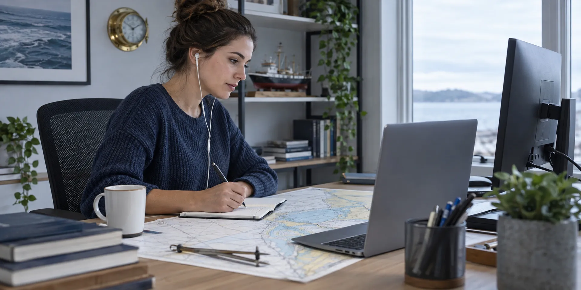 A young woman in earphones taking notes at a laptop, a nautical chart spread across her desk