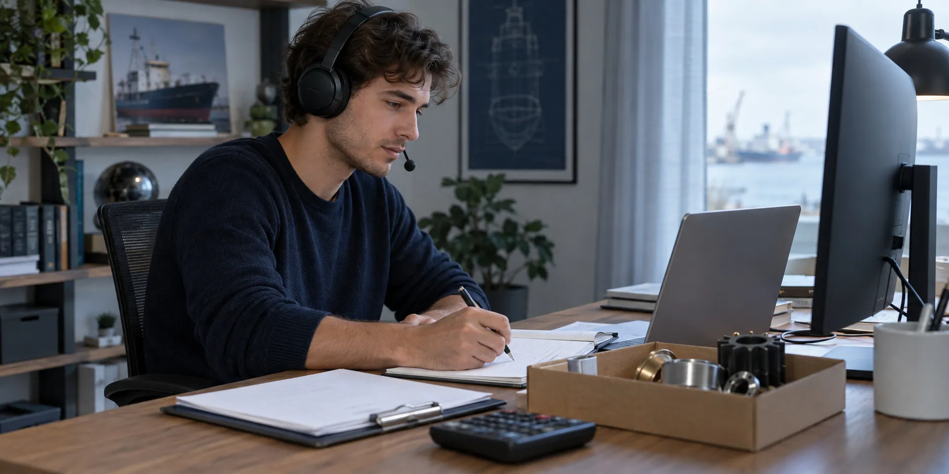 A young man in a headset taking notes beside a box of ship spare parts, a calculator and order form on the desk