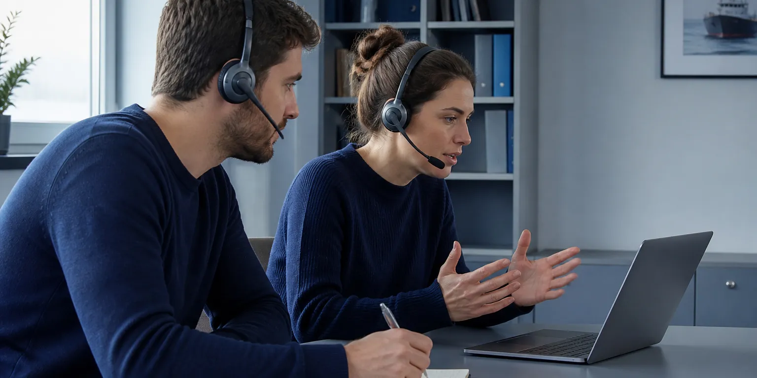 Two people in headsets practising conversation at a laptop
