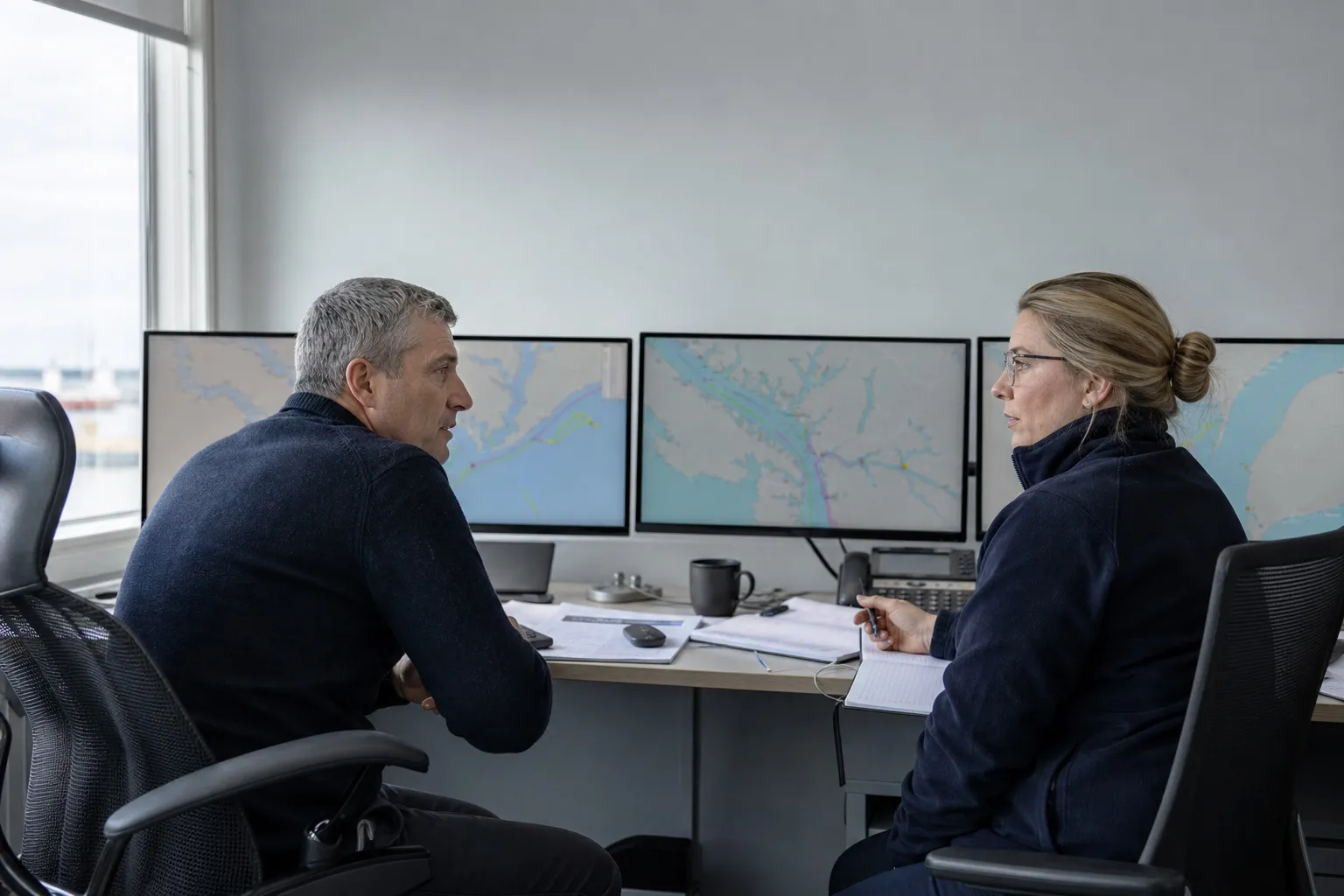 Two fleet operations specialists at a desk with vessel tracking screens